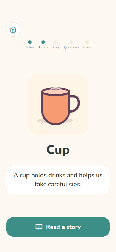Learn screen pairing a cup illustration with its name and a sentence about drinking